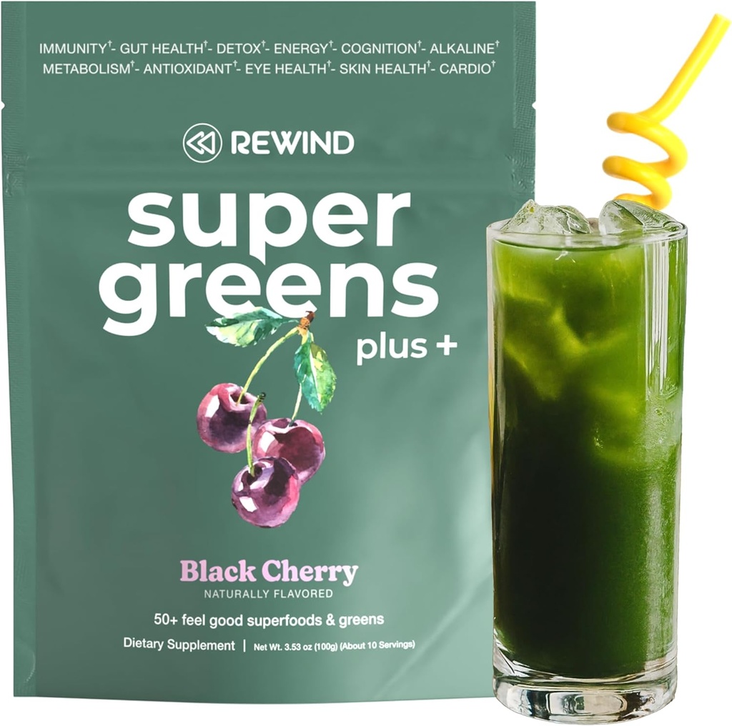 Super Greens Powder con 50+ Superfoods – Daily Green Juice for The Whole Family – Delicious Green Powder Drink Mix – Black Cherry Flavor - 10 Servings
