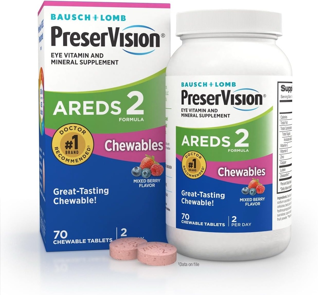 PreserVision AREDS 2 Vitaminas Oculares, #1 Doctor Ojo Marca recomendada, Luteína Chewable y suplemento de Zeaxantina con vitamina C, vitamina E, zinc y cobre, Berry mixto, 70 Tabletas