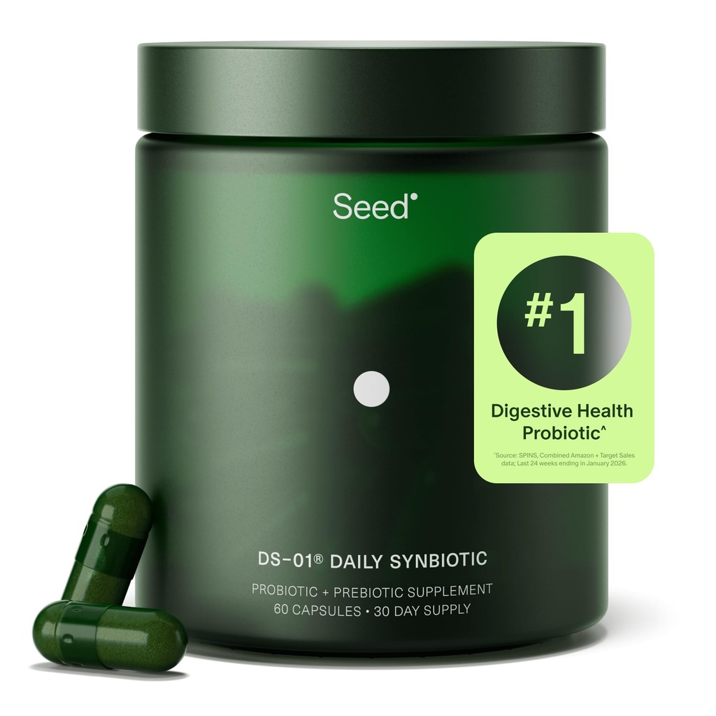 Semillas DS-01 Sinbiótico diario - Prebiótico y Probiótico para Hombres de Mujeres - Salud Digestiva, Salud Gut, Apoyo Inmunitario, Alivio de Bloating &amp; Constipation - Vegan & Establo-Stable - 30-Day Starter (60ct)