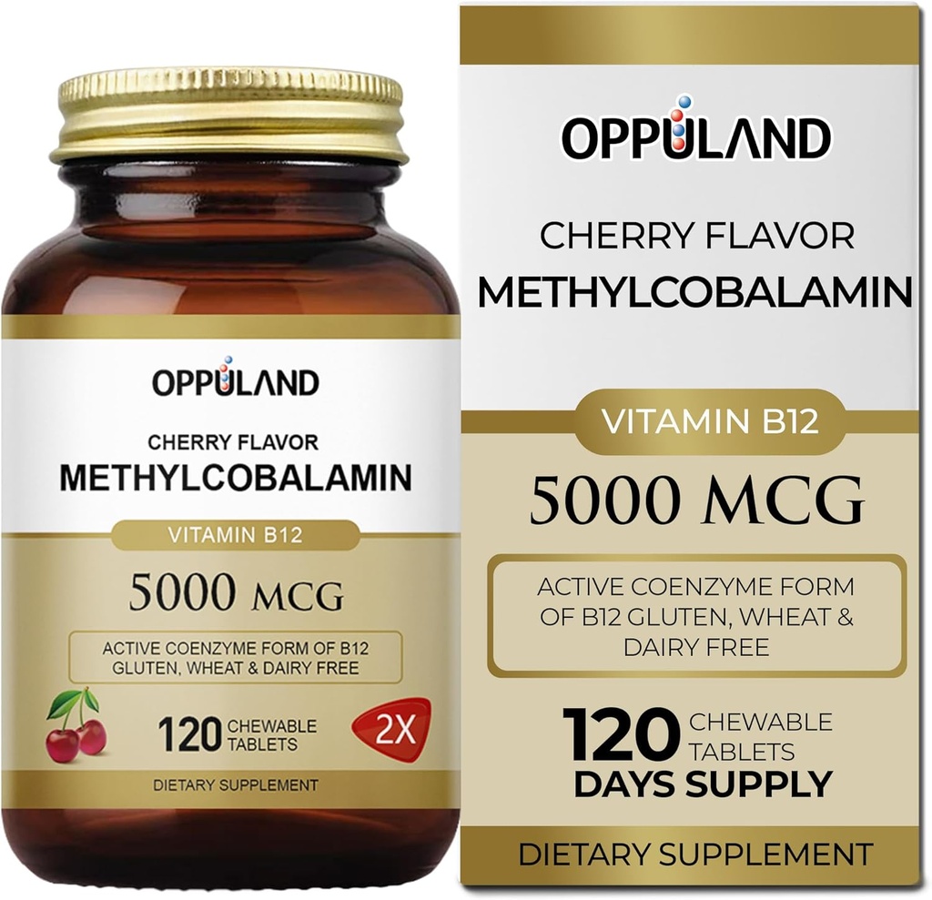 Methyl B-12 5000mcg Chewable with Folate - Vitamin B12 Methylcobalamin Sublingual Tablets - Supports Energy & Brain Function - Vegan Supplement - Cherry Flavor - 120 Count