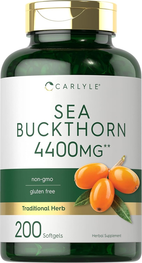 Carlyle Sea Buckthorn Oil Capsules 4400mg ← 200 Softgels ← No GMO, Gluten Free ← Sea Buckthorn Berry Oil Suplemento