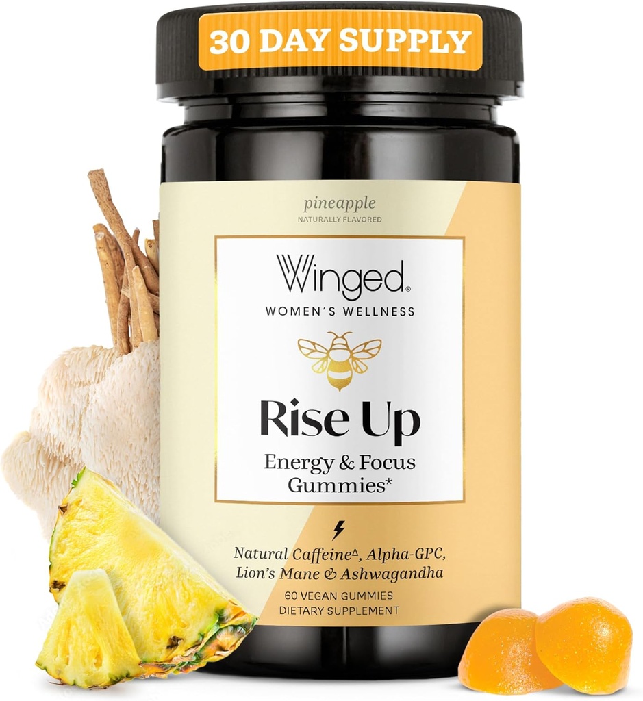 Ganado Wellness Rise Up, Energy & Focus Gummies for Women - Daily Brain Boost Gummy Suplemento con la cafeína natural, Ashwagandha, B12, Nootropics Alpha-GPC & Lion’s Mane - Pineapple, 60 Gummies