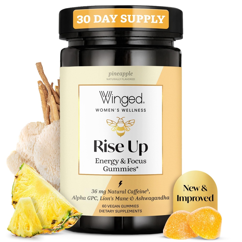Ganado Wellness Rise Up, Energy & Focus Gummies for Women - Daily Brain Boost Gummy Suplemento con la cafeína natural, Ashwagandha, B12, Nootropics Alpha-GPC & Lion’s Mane - Pineapple, 60 Gummies