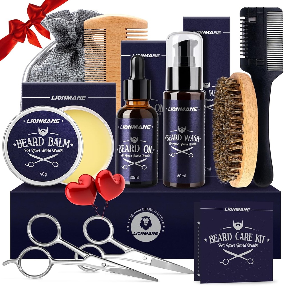 Lionmane Beard Care Christmas Gifts Kit for Hombre, Beard Mustache Grooming Kit-Beard Balm, Beard Wash, Beard Oil, Brush, Scissors, Birthday Anniversary Thanksgiving Gifts for Husband/Boyfriend/Dad/Him