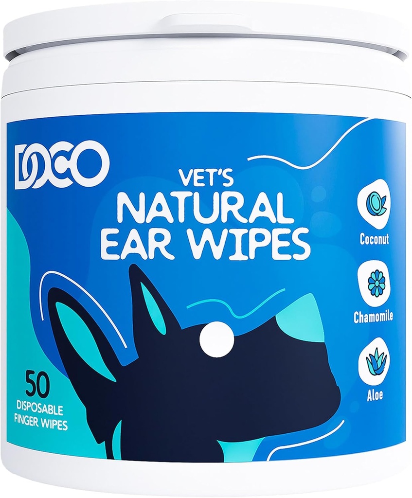 DOCO Dog Ear Cleaner Wipes Finger Cleaning Kit for Dogs & Cats Eucalyptus, Chamomile &amp; Aloe Cat Ear Cleaner Soothes, Deodorizes & Helps Itchy Ears (50 Count)