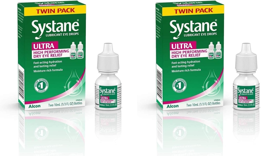 Systane Ultra Lubricant Eye Drops, Tears artificiales para el ojo seco, Twin Pack, 10 mL Cada uno (Pack of 2)