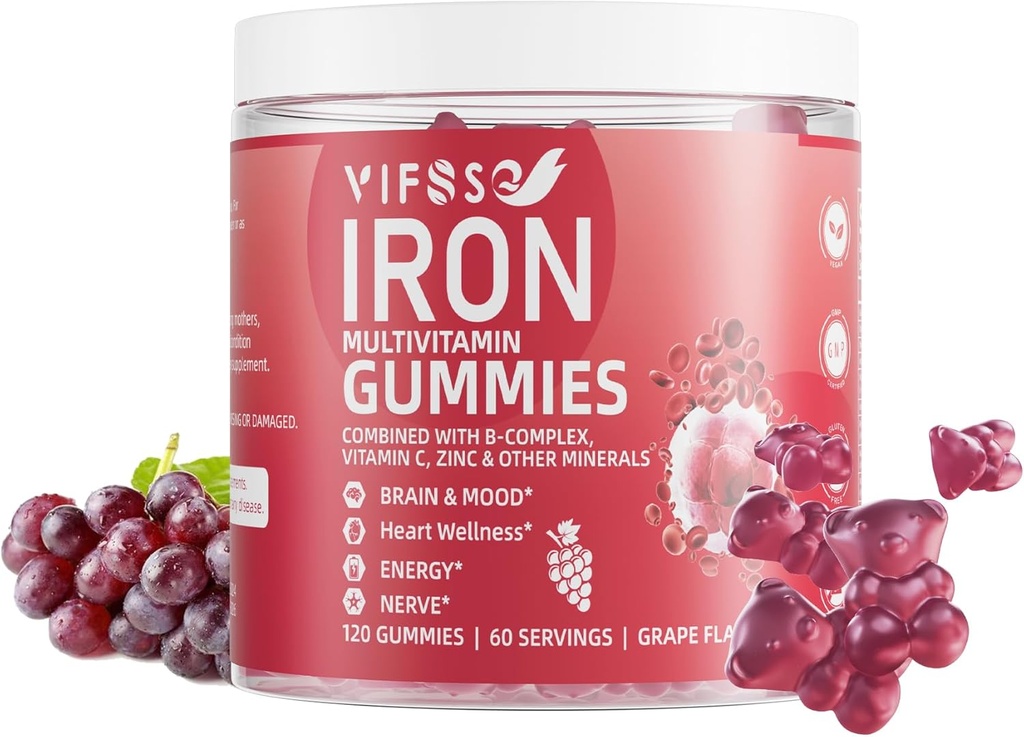 Iron Gummies Sugar Gratis, 120 Gummies Iron Suplemento para Mujeres Multivitamina con Hierro, Vitaminas & Zinc para Mujeres, Hombres &amp; Niños- Grape Flavor, Suplemento Vegan, Folate for Energy- No After Taste