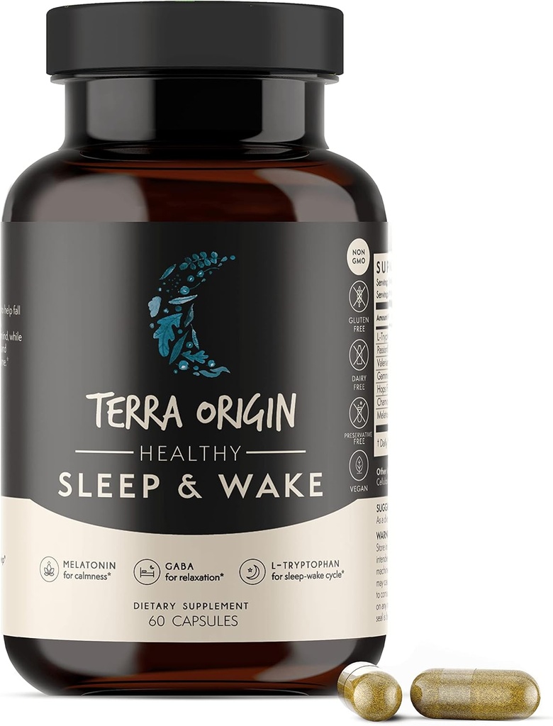 TERRA ORIGIN Durmiente saludable > Despierta a la vida Natural Ayuda para el sueño Suplemento para adultos TENIDO Restablecido y Despertado Refreshed ← GABA, L-Tryptophan, Melatonin, Chamomile, Valerian, PassionFlower TEN 60 cápsulas