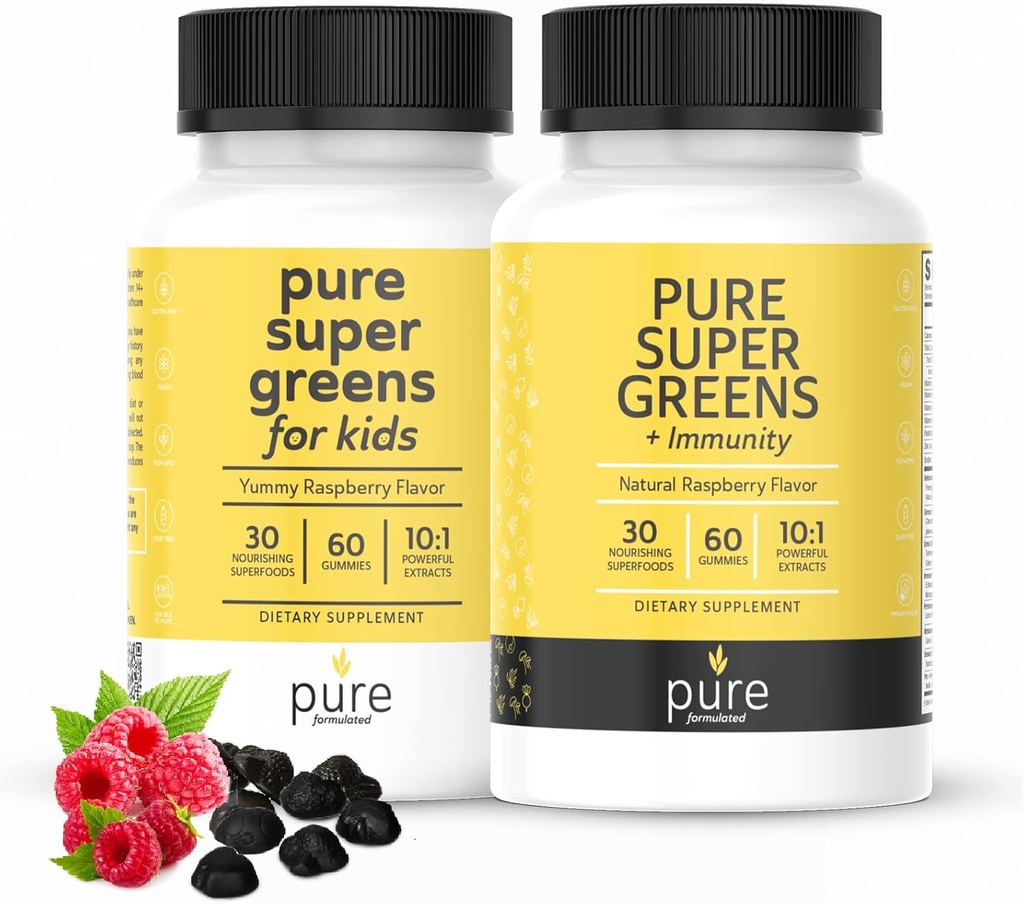 Super Greens Multivitamin Gummies for Kids and Adults - Immune Support and Digestive Supplements - Vitamina A, B, C, E, K - Vegan Chewables with 30 Superfoods (2 Botellas, 60 Cuenta Cada)
