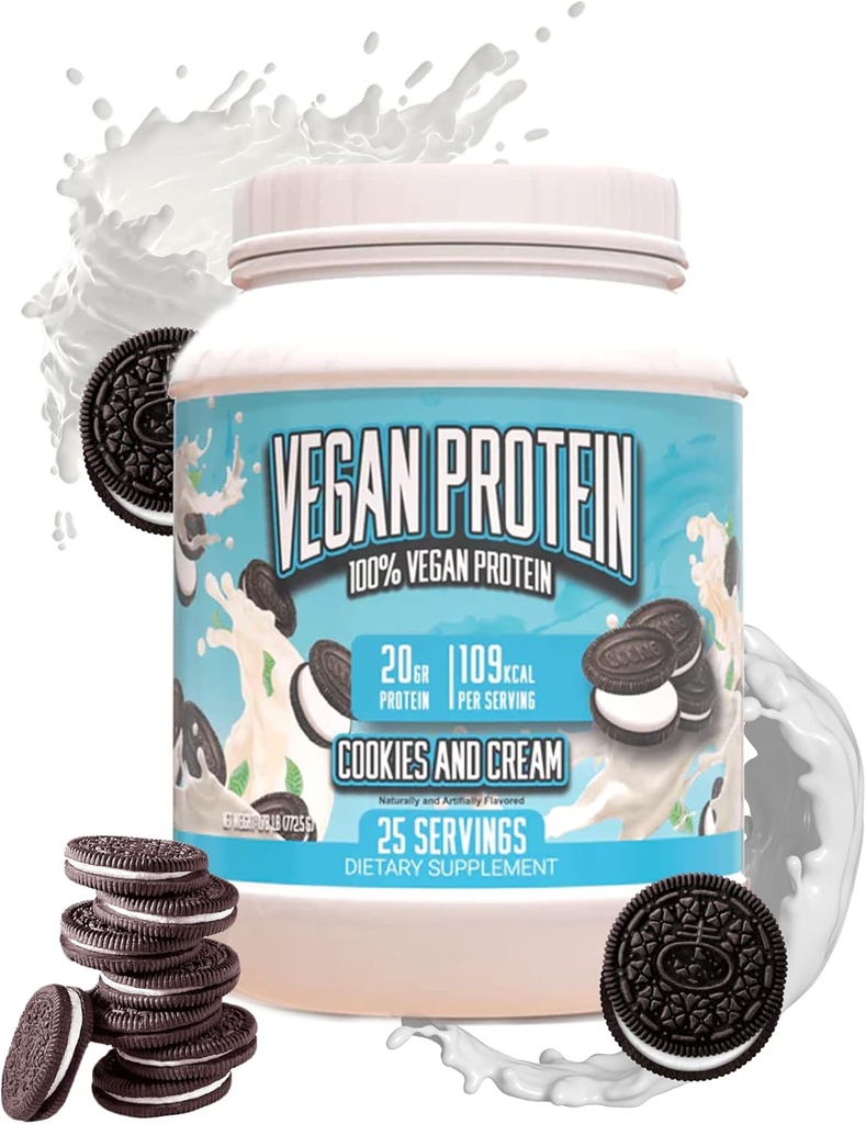 Powder de proteína vegana - Cookies &amp; Crema - Polvo de proteína de base vegetal superior, 20g Proteína por servicio