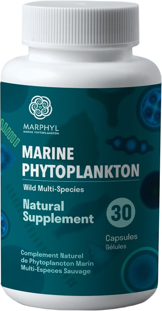 MARPHYL Marine Phytoplankton Wild Multi Species Suplemento natural - 150 mg por cápsula - Orgánico - 30 cápsulas Vegan - de Vancouver Island, Canadá