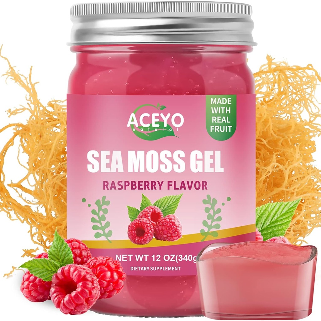 ACEYO (12 OZ) Irish Sea Moss Gel Organic Raw Vegan Raspberry Flavor 102 Vitamins and Minerals Wild Harvested Non-GMO Immune Defense Booster Thyroid Digestive Support