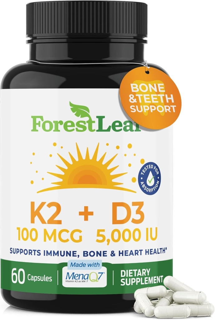 ForestLeaf Vitamin D3 + K2 (MK7) Suplemento - MenaQ7 - Calcio y Vitamina D3 5000 UI Max Absorción - Teeth and Bone Strength, Heart Health, Immune System Support - 60 cápsulas vegetales