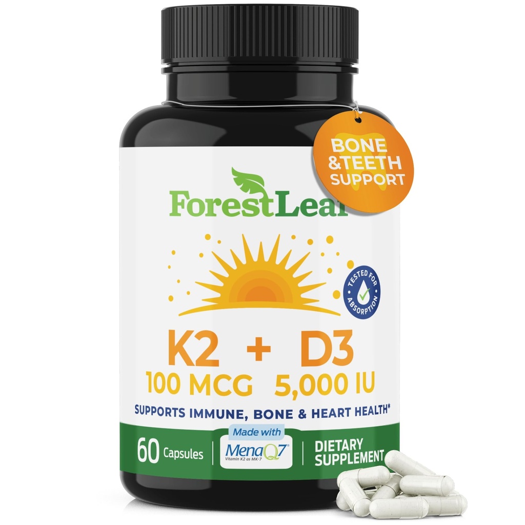 ForestLeaf Vitamin D3 + K2 (MK7) Supplement - MenaQ7 - Calcium and Vitamin D3 5000 IU Max Absorption - Teeth and Bone Strength, Heart Health, Immune System Support - 60 Veggie Capsules