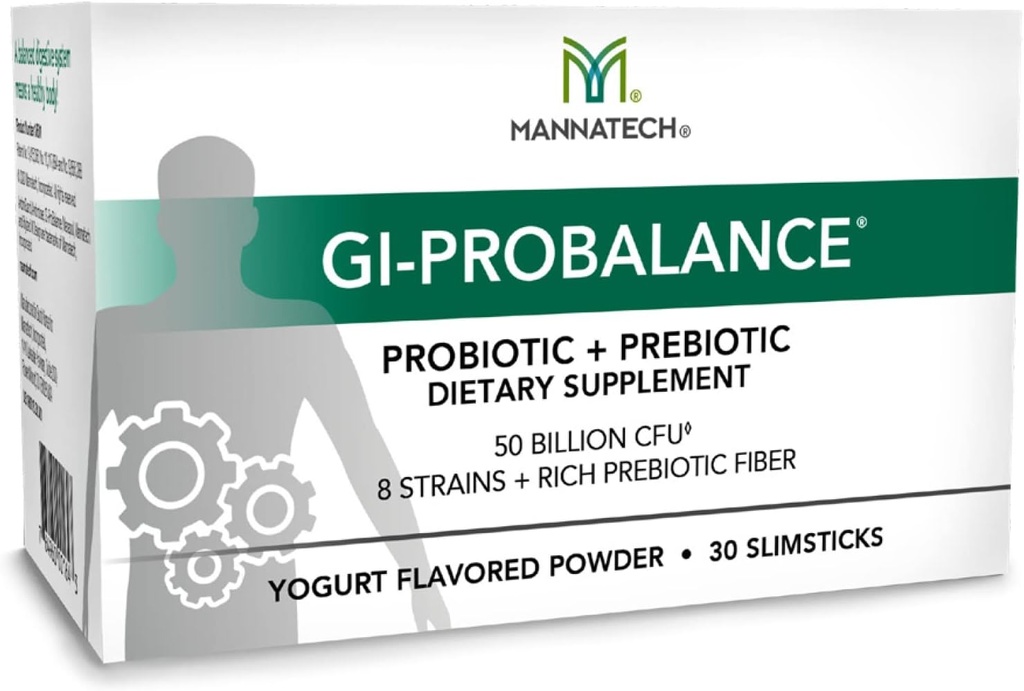 Mannatech Prebióticos y Probióticos, 30 Slimsticks, Yogurt Flavor, GI-ProBalance w/MannaBiotic Blend, Pre y Probióticos Polvo para Gut Health, w / 8 Strains, Rich Prebiotic Fiber & 50 Billion CFU