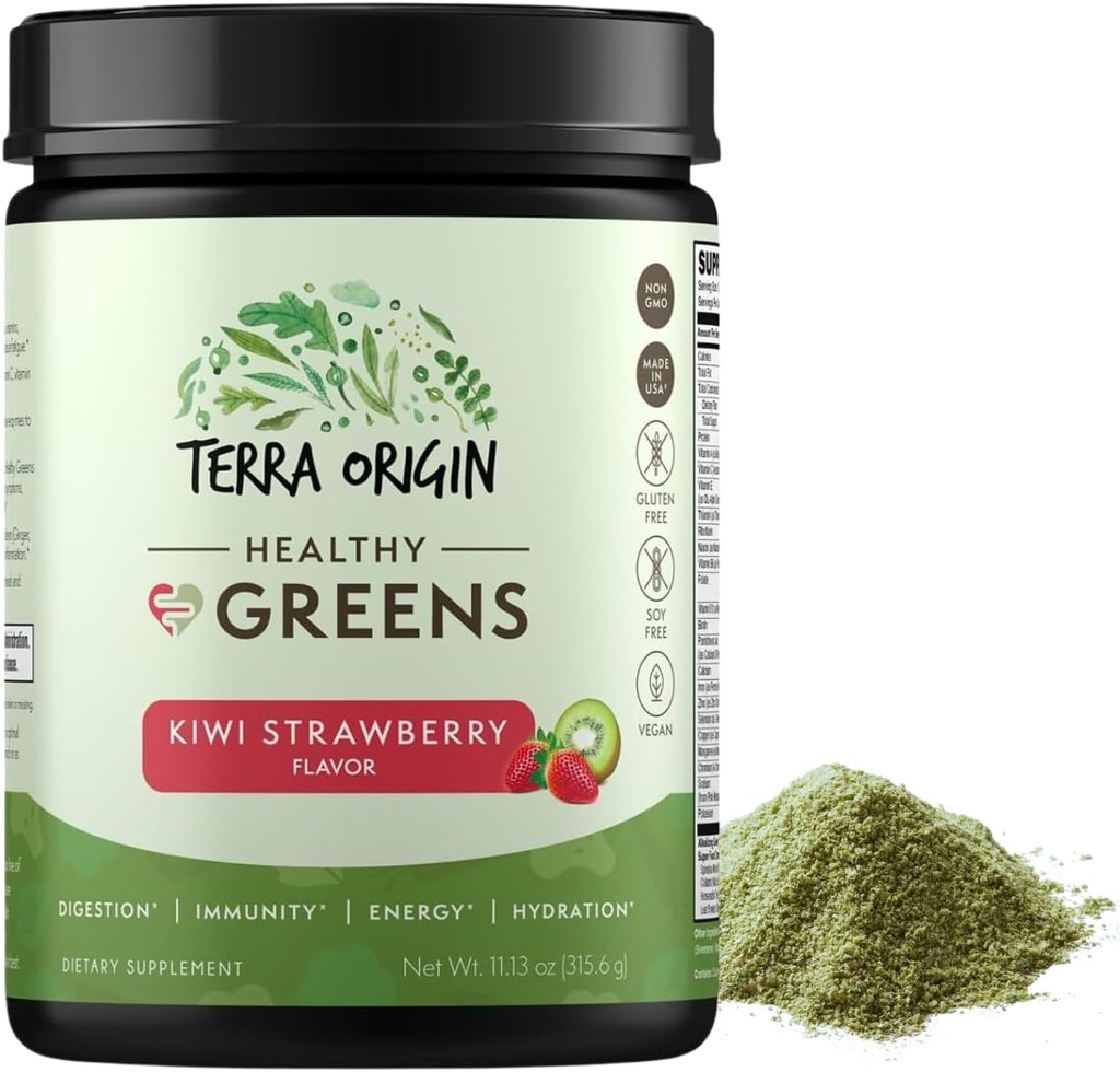 TERRA ORIGIN Greens Powder Blend ← Superfoods, Probiotics, Enzymes, Spirulina  durable for Immune " Digestive Gut Health Support  durable Energy " Wellness Boost  durable 30 Servings (Kiwi Strawberry)