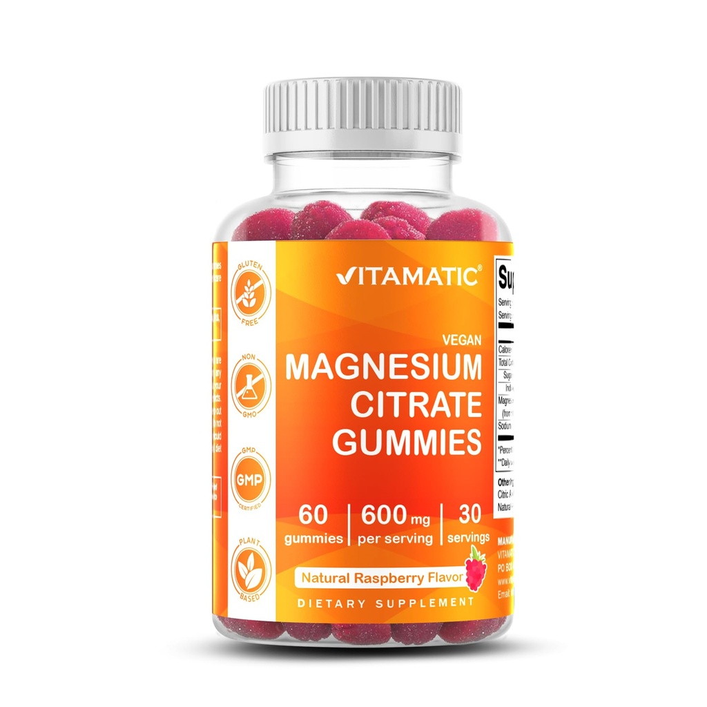 Vitamatic Magnesium Gummies 600mg por Serving – 60 Vegan Count for Relaxation, Muscle, Bone y Energy Support