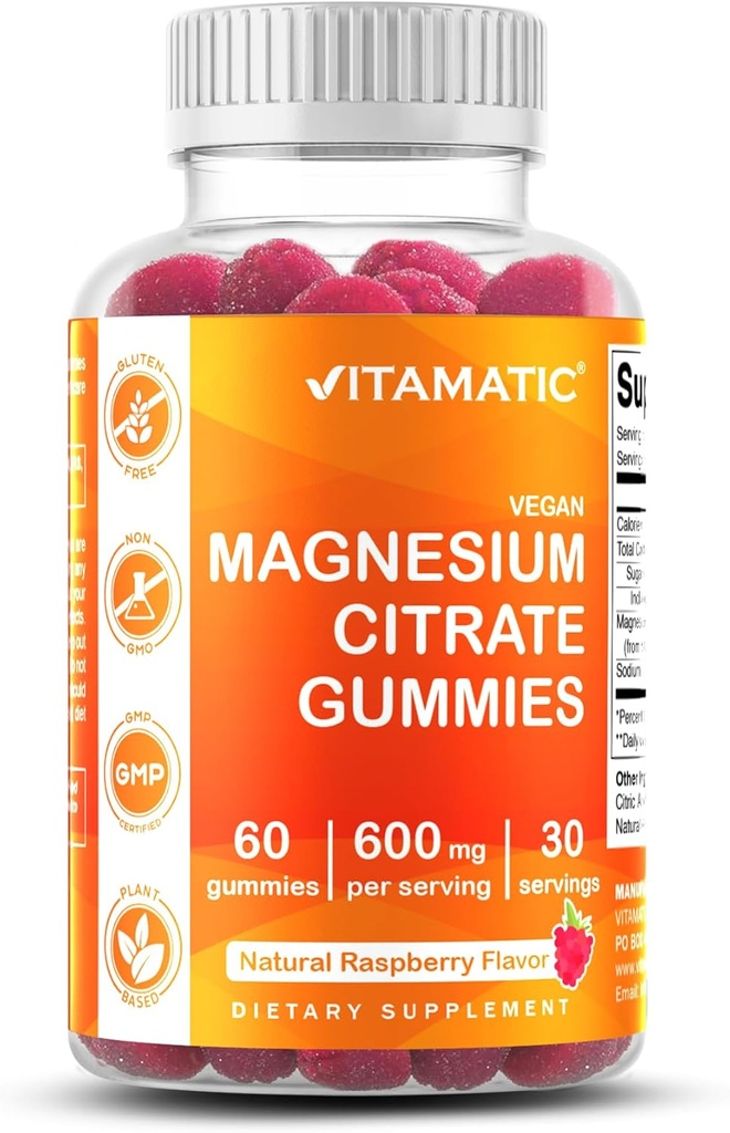 Vitamatic Magnesium Gummies 600mg por Serving – 60 Vegan Count for Relaxation, Muscle, Bone y Energy Support