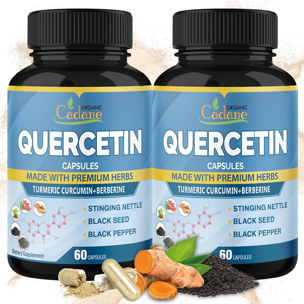Ecológico Cadane 2 Packs Quercetina Suplementos Capsules, 4 Meses Suministro con Turmeric, Berberine, Nettle, Semilla Negra, Pepper Negro - Apoyos Cardiovascular Health, Immune System