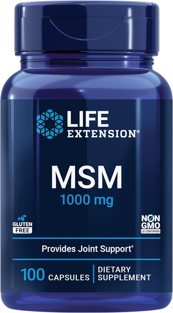 MSM de extensión de vida, 1000 mg, metilsulfonilmetano, soporta articulaciones saludables, soporte antioxidante, libre de gluten, no GMO, 100 cápsulas
