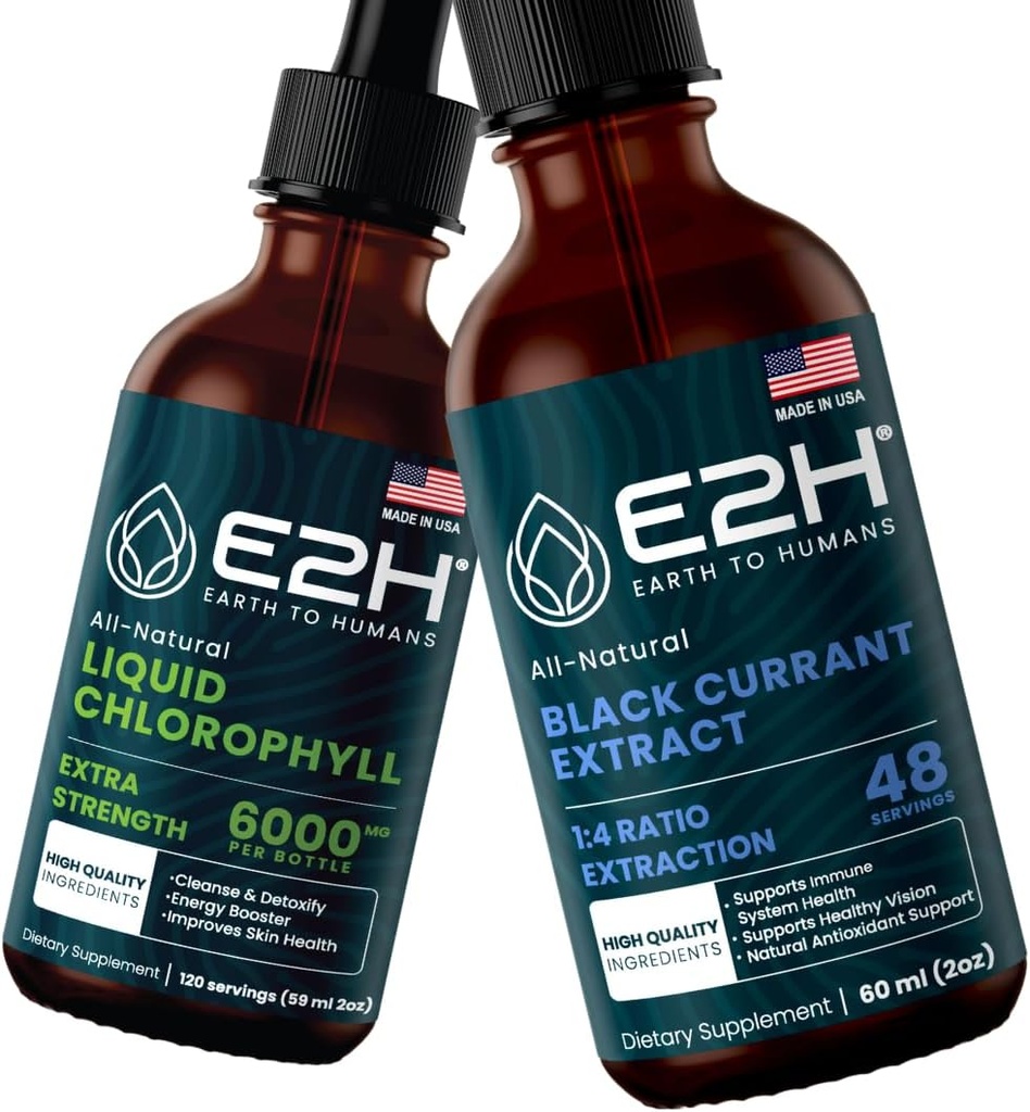E2H: Líquido de clorofila y natural de grosella negra Extracto ← Vegan, No GMO - 2 Fl Oz Cada (4 Fl Oz Total) - Bundle