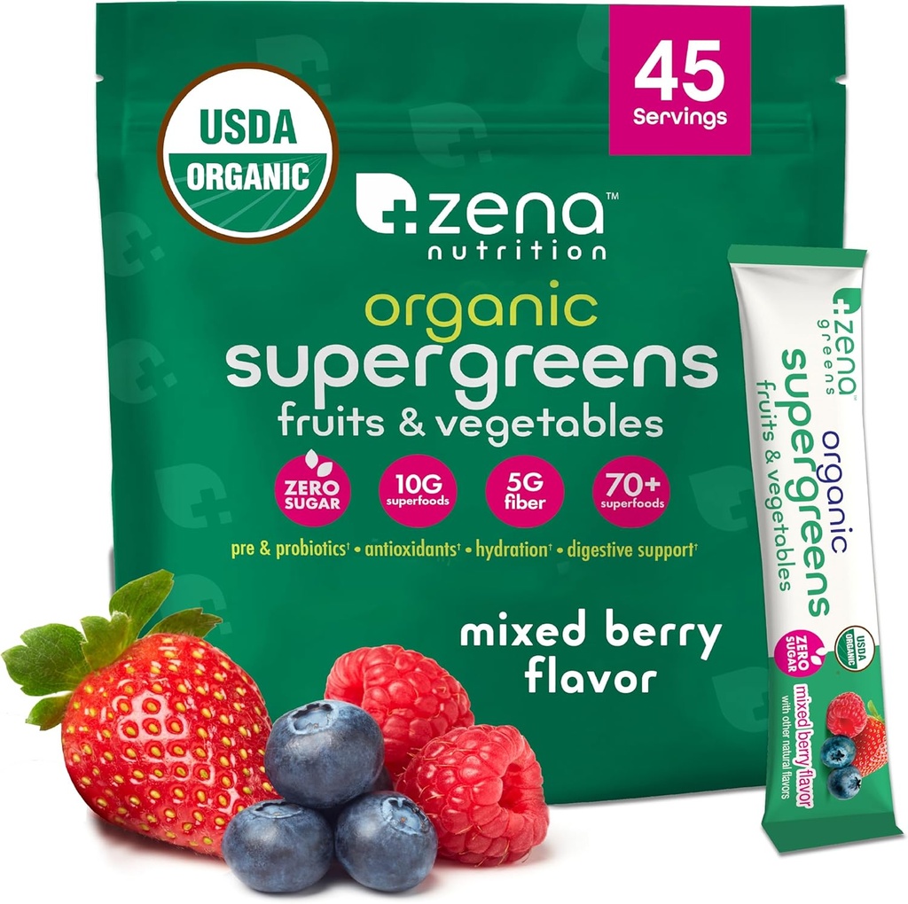 Zena Nutrition Organic Super Greens Powder, 70+ Superfoods, 0 Sugar, 5G Fiber, Spirulina, Clorella, Antioxidantes, Prebióticos/Probióticos, Enzimas digestivos, Berry mixto, 45 Bebida Mix Packets