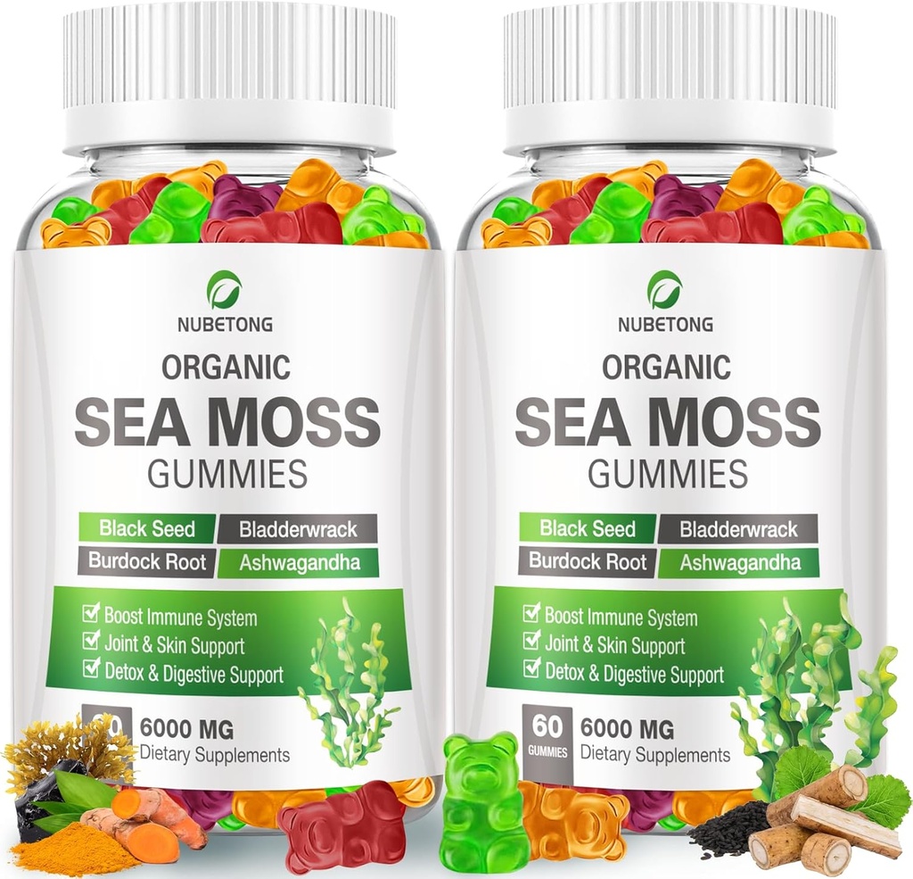NUBETONG Irish Sea Moss Gummies 6000 mg con Fledderwrack y Burdock Root - Natural Irish Seamoss Suplemento de Tiroides, Energía, Apoyo Inmunitario - Extra Strength, Gran Tasting - Sin gluten, Vegan