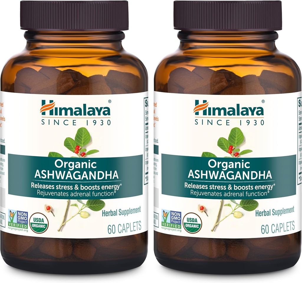 Himalaya Organic Ashwagandha, 120 Day Supply, Herbal Supplement for Stress Relief, Energy Support, Occasional Sleeplessness, USDA Organic, Non-GMO, Vegan, Gluten Free, 670 mg, 60 cápsulas, 2 Pack