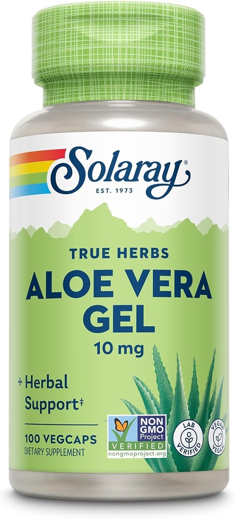 SOLARAY Aloe Vera Gel Concentrate 200X - Equivalente a 2000mg Gel fresco, Aloe Vera Capsules con Ginger, Peppermint y Parsley, Herbal Wellness Support, Vegan, No GMO, Garantía de 60 días, 100 Servidores