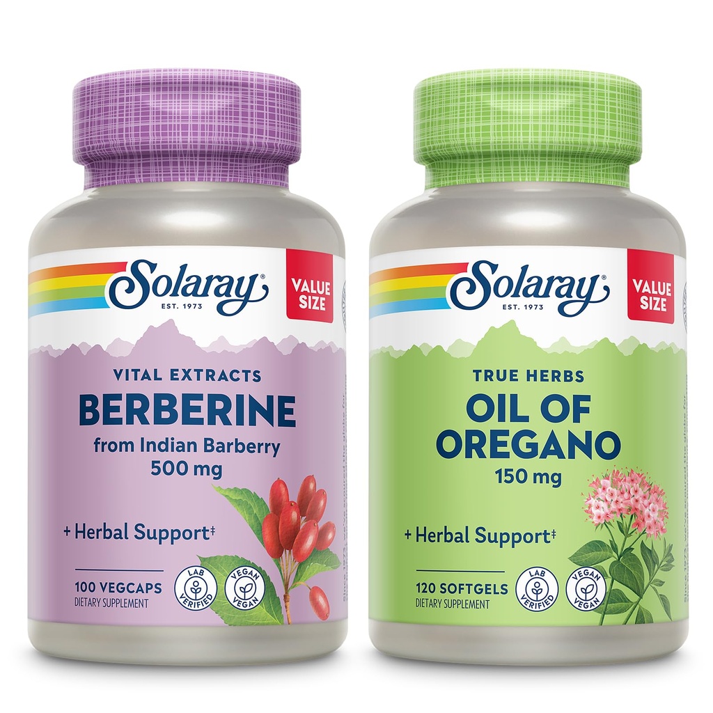 SOLARAY Berberine and Oil of Oregano Bundle - Berberine HCl de Indian Barberry Plus Oregano Oil Supplement for Powerful Wellness Support - 100 VegCaps/120 Softgels