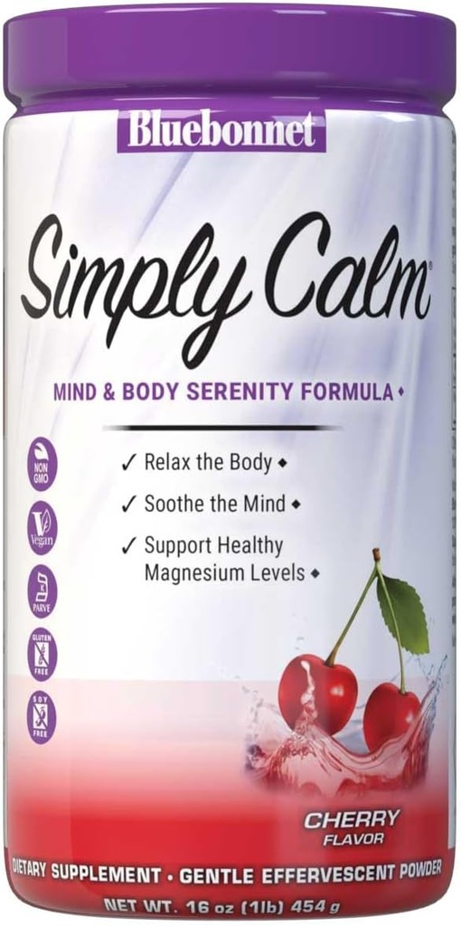 Bluebonnet Nutrition Simply Calm Powder, for Calm*, Muscle Cramps*, Stress Relief*, Non-GMO, Vegan, Kosher Certified, Gluten-Free, Soy-Free, Dairy-Free, 16 oz, 82 Servings, Cherry Flavor