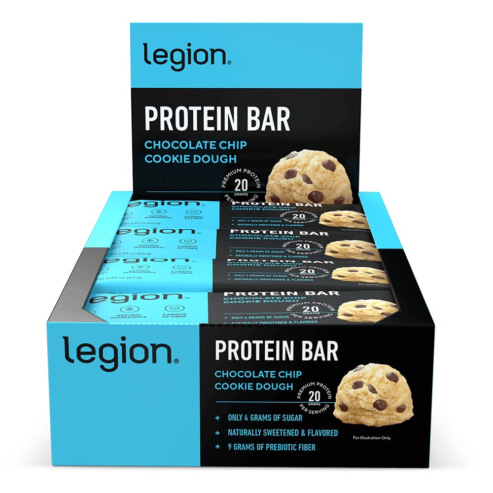 Legión Chocolate Chip Cookie Dough Protein Bar - 100% Whey Protein Bares de Alta Proteína bajo azúcar con fibra prebiótica - libre de soja, sin gluten, naturalmente saboreado, bajo grasa, barras de alta proteína (12 conde)