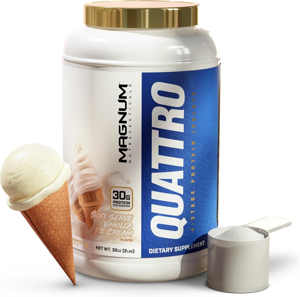 QUATTRO Magnum Nutraceuticals Whey Protein Powder, Vainilla Soft Serve Ice Cream 2lb – Premium Protein Isolate Blend para el crecimiento muscular &amp; recuperación