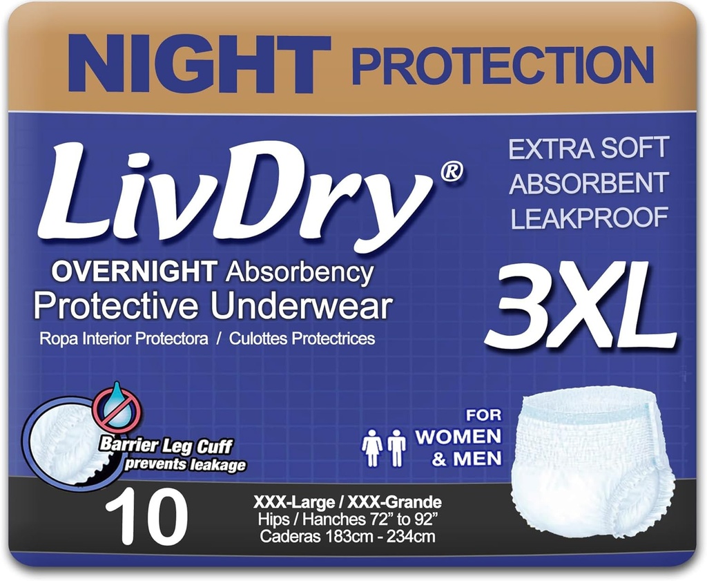 Ropa interior de incontinencia de adultos de LivDry, Absorbencia de Confort de la noche, Protección de Leak (XXX-Large (10 Conteo))
