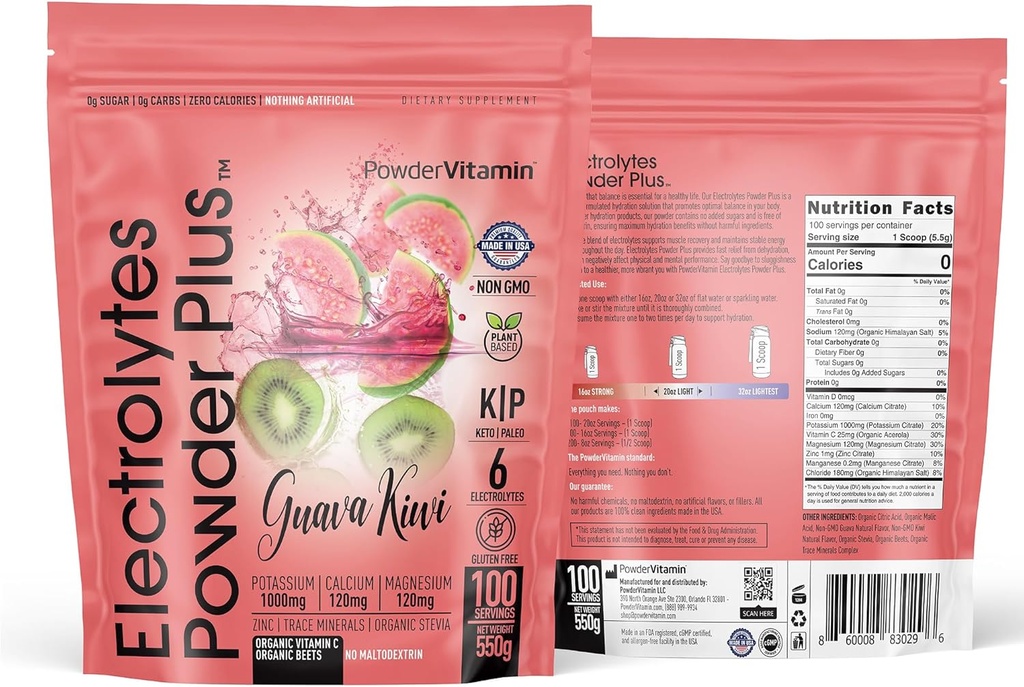 PowderVitamin Electrolytes Powder Plus (100 Servings) Guava Kiwi Electrolyte Powder, Zero Calorie, Keto, 0 Azúcar, Sin Maltodextrin, 1000mg Potasio, 120 mg de Calcio, 120 mg de Magnesio, Hidratación Polvo