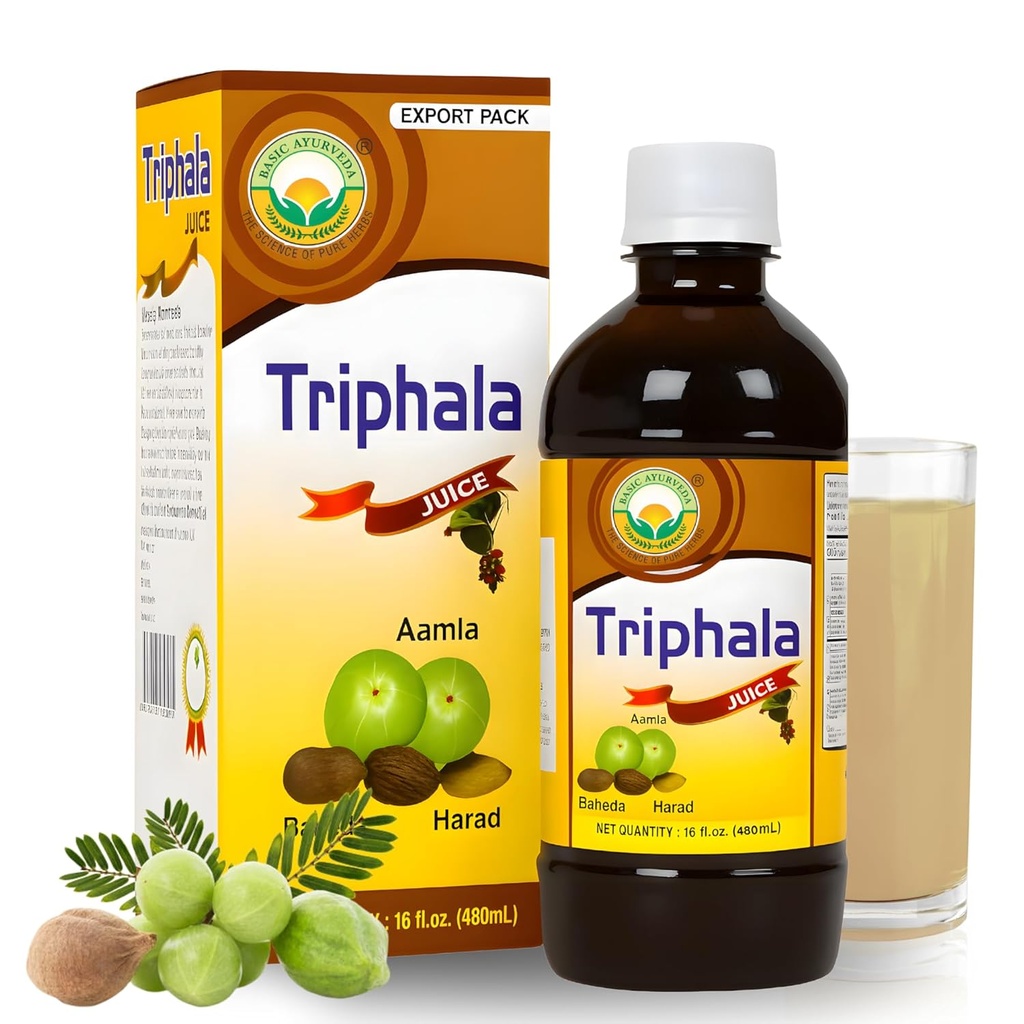 BASIC AYURVEDA Triphala Juice Silencio 16.23 Fl Oz (480ml) Silencio Orgánica Jugo de frutas de Amla Bibhitaki " Haritaki peru Fuente Natural de Vitamina C Silencioso para el cabello saludable " Digestión