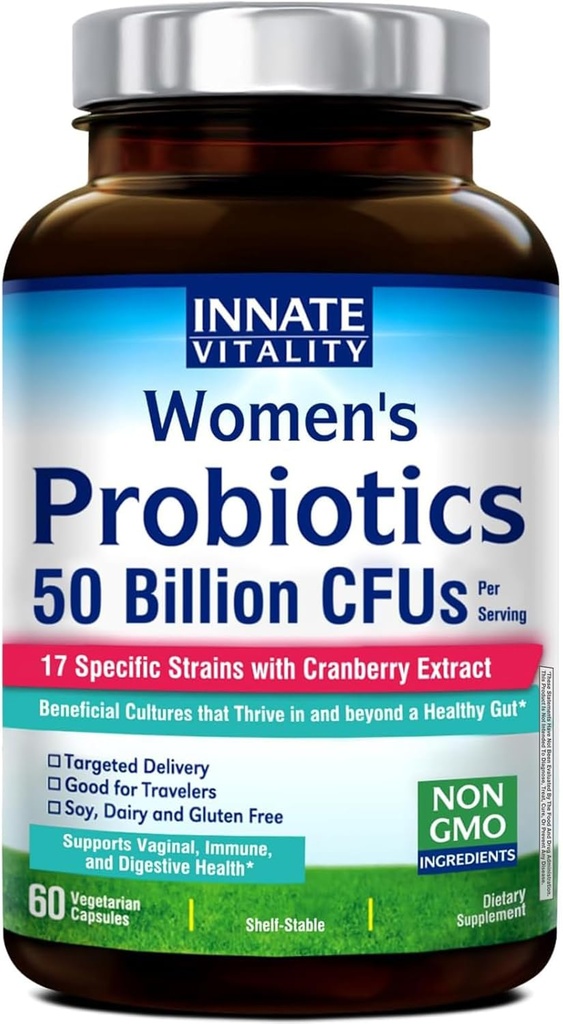 Probióticos de Vitality innato para Mujeres, 50 millones de UF, 17 Estrechos Provenidos, 60 cápsulas vegetarianas, Formulados con Prebióticos y Extracto de Arándano, no GMO, soporta la salud vaginal, digestiva e inmunitaria