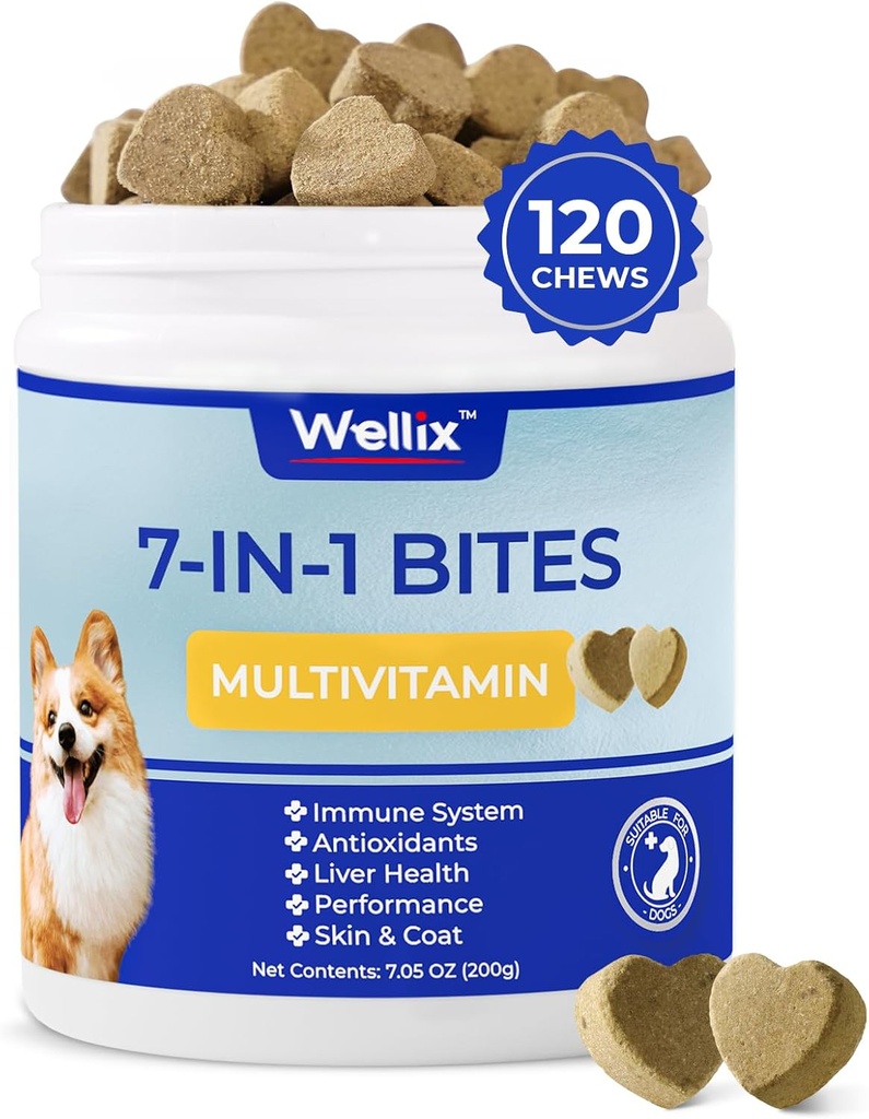 Wellix Dog Vitamins and Supplements - Multivitamin Chewable Treats for Dogs, Skin " Coat, Mobility Support, Hip " Joint Supplement, Immune System " Global Health(120 Chews)