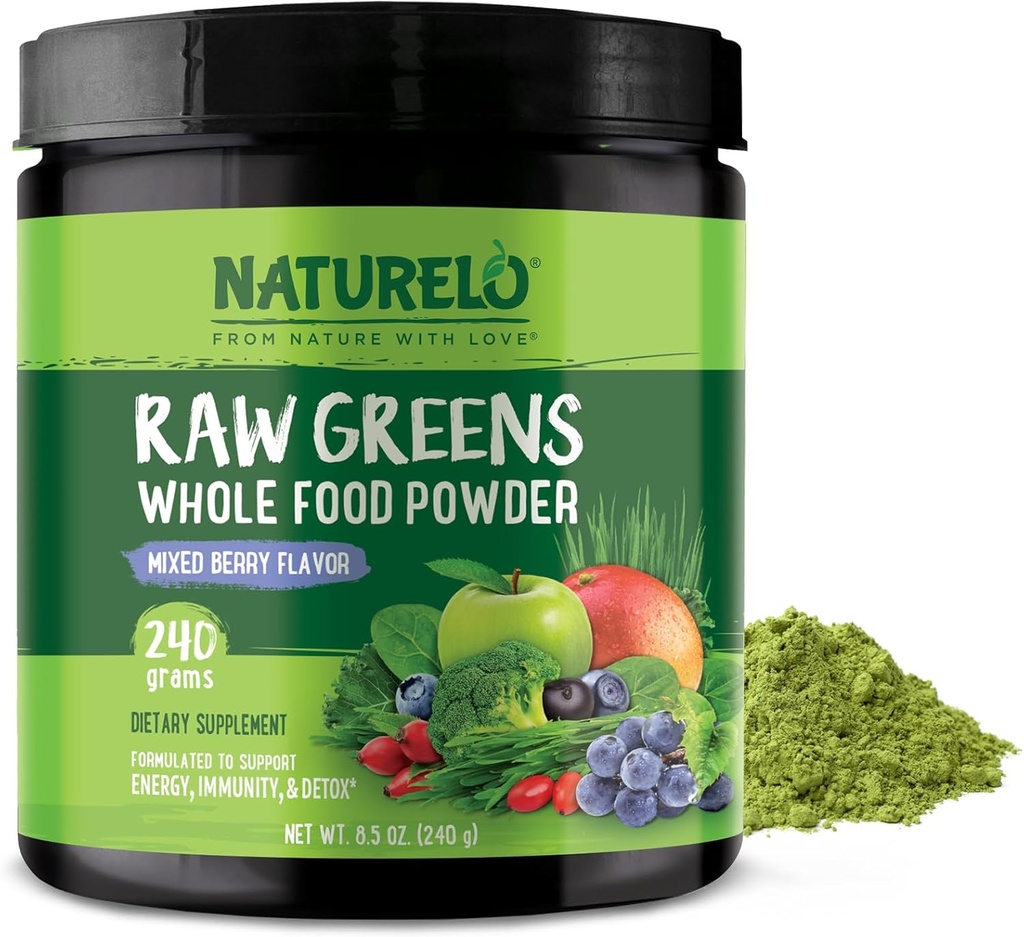 NATURELO Greens Superfood Powder 240 Grams, Mixed Berry - Supports Energy, Immunity and Detox - Incluye Spirulina, Wheat Grass and Organic Greens for Whole Food Nutrition
