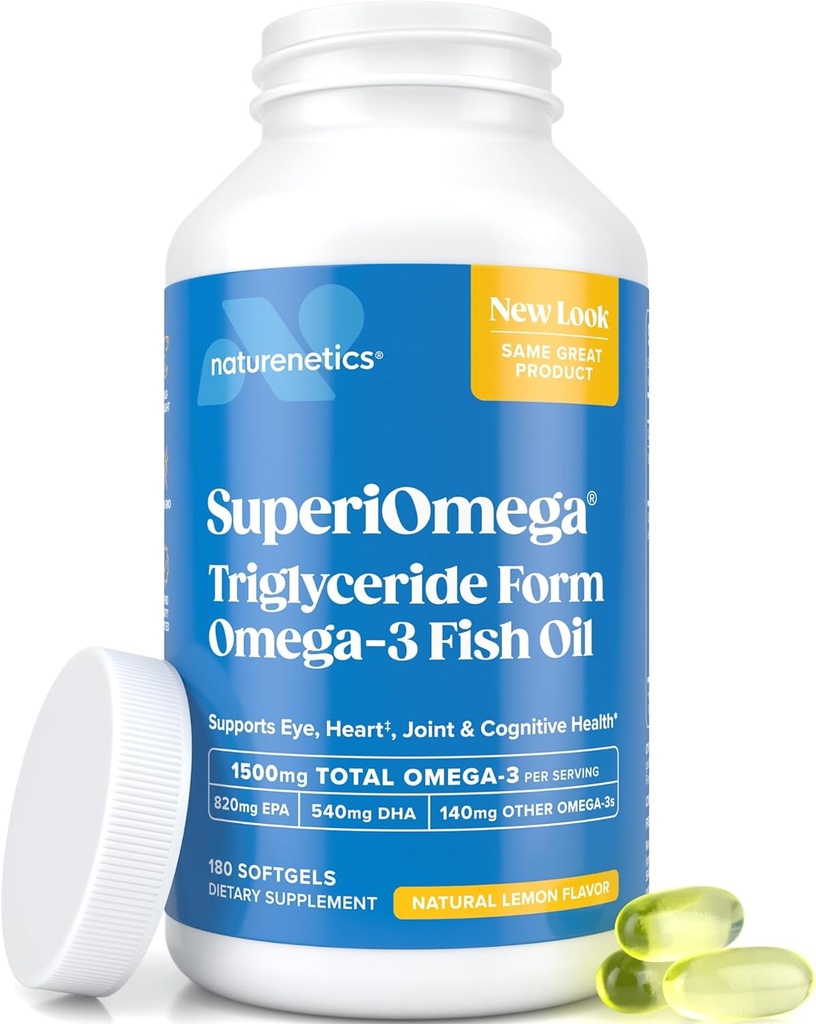 Triglyceride Omega 3 Fish Oil – High EPA & DHA for Eye, Joint, Heart & Brain Support – Omega-3 Fatty Acids - Lemon Flavor – 180 Softgels – 90 Day Supply