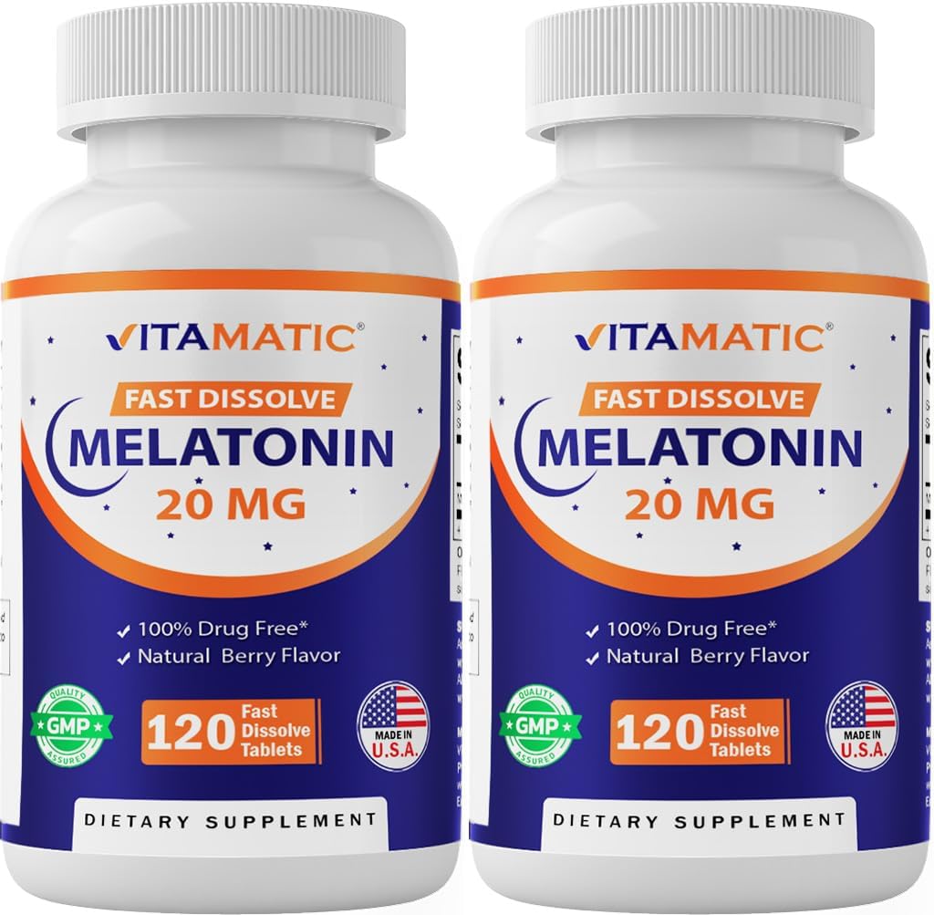 Vitamatic 2 Pack Melatonin 20 mg Fast Dissolve 120 Tablets - Natural Berry Flavor ¦ Vegetarian, Non-GMO, Gluten Free (Total 240 Tablets)