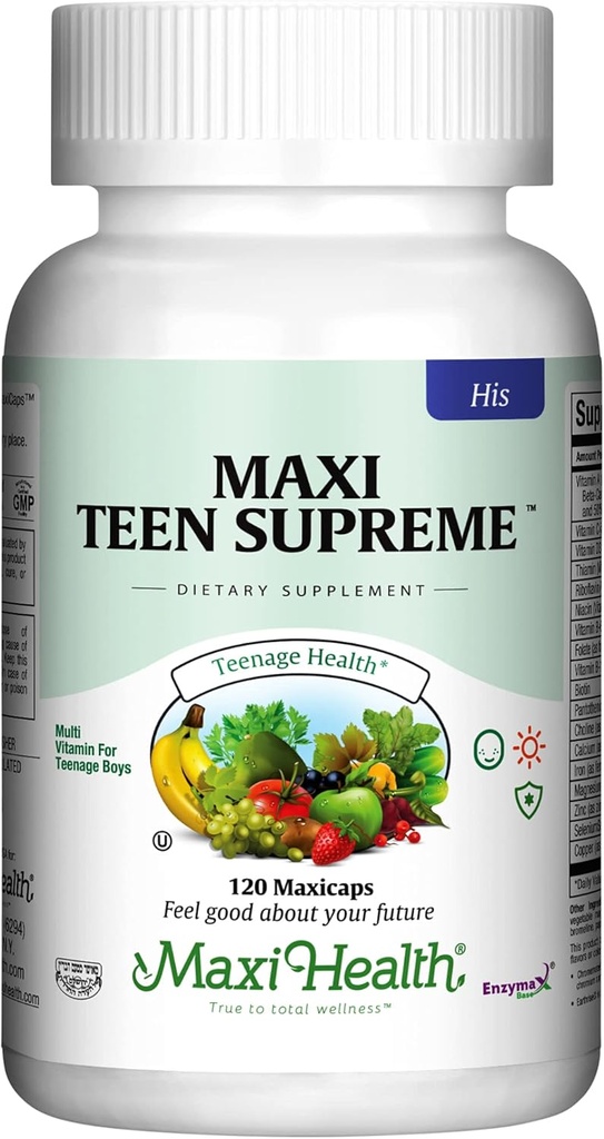 Maxi Health Multivitamin for Him – Boys Vitamins for Ages 12–17 Teen Supreme – Men’s Multivitamin for Energy, Immune Boost, Body & Brain Incluye D3, Iron, Calcium, Digestive Enzymes (120 Conde)