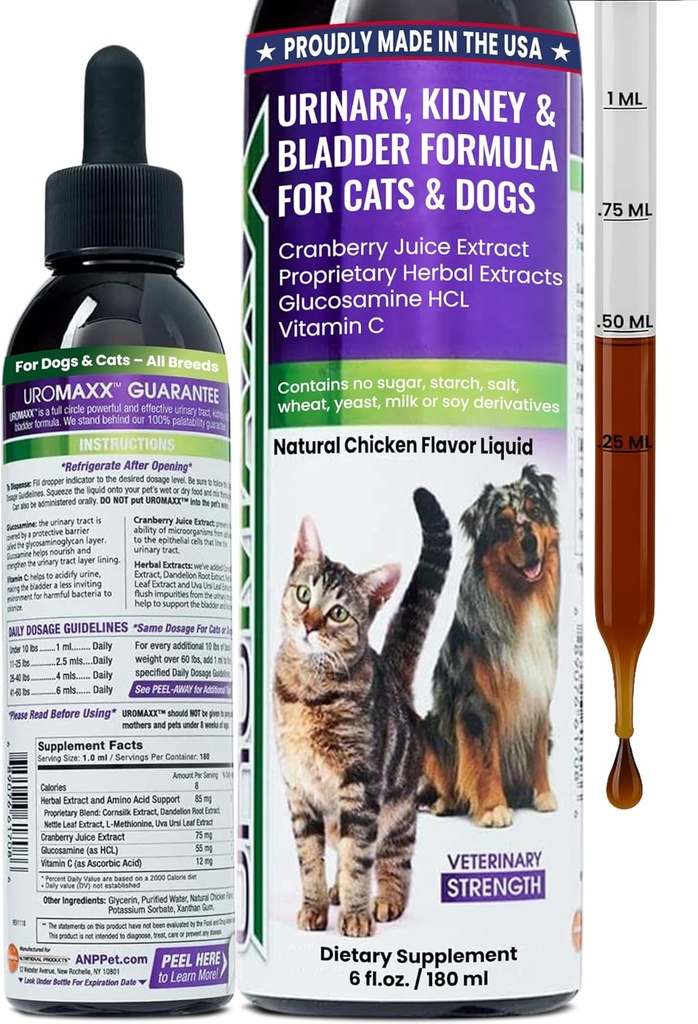 Cat &amp; Dog Urinary Tract Treatment, Bladder & Kidney Support for Dogs and Cats, Powerful Yet Gentle Pet Care, with Liquid Cranberry &amp; Glucosamine, Chicken Flavor, 6 oz Bottle, 1 Pack
