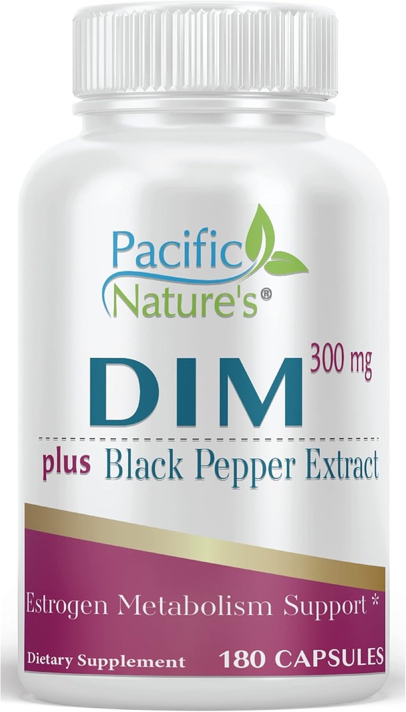 Pacific Nature DIM 300mg con Black Pepper (180 cápsulas) Suplemento de Diindolylmetano para el equilibrio hormonal y el apoyo para ambos hombres - Gluten-Free, Non-GMO