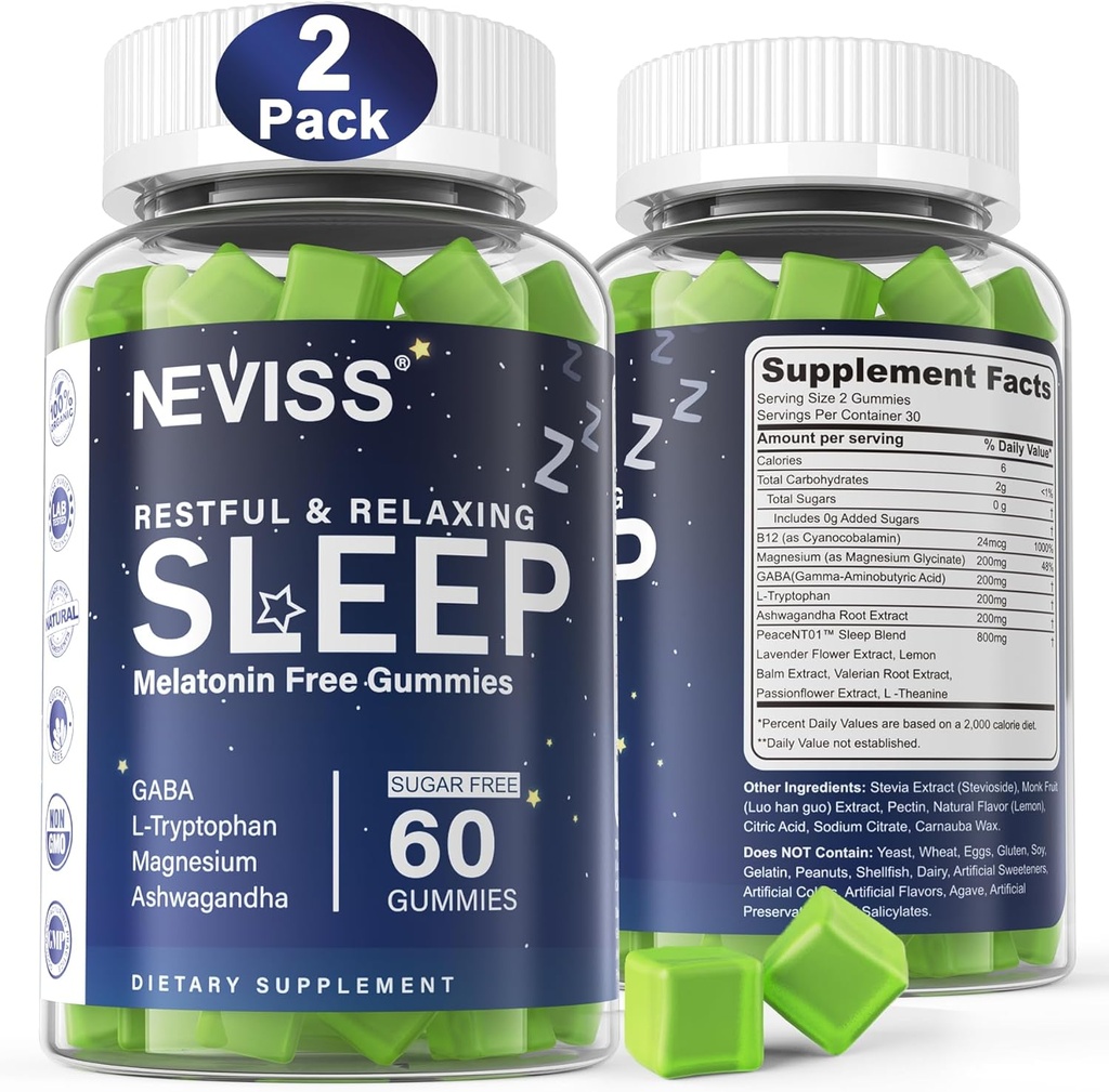 NEVISS Melatonin Free Sleep Aid Gummies for Adults - Magnesium Glycinate Gummies ← GABA, L-Tryptophan, Magnesium, Ashwagandha - Non-Habit Forming, Help for Deep Relaxation - Vegan, Lemon Flavor, 2Pack