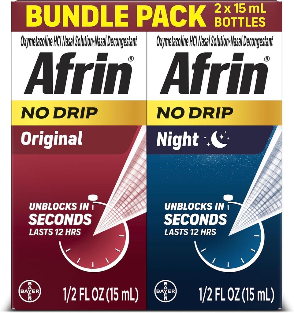 Afrin No Drip Original + Night Nasal Mist Bundle Pack, Non-Drowsy, Fast-Acting Decongestant for Nasal Congestion and Sinus Pressure Relief, Adults and Children 6 and Older, .5 fl oz (Pack of 2)
