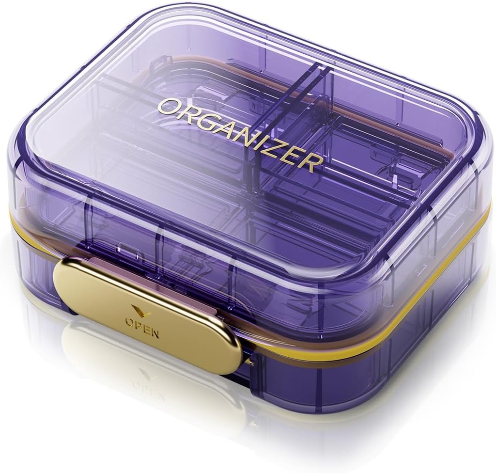 Organizador de píldoras de viaje portátil con 7 departamentos - Caja de píldoras impermeable semanal perfecta para vitaminas y medicinas diarias, pequeña contención de píldoras para el púrpura