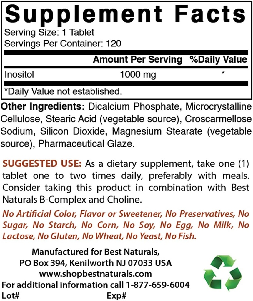 Mejores Naturales Inositol 1000mg &amp; Glycine Suplemento 1000 Mg