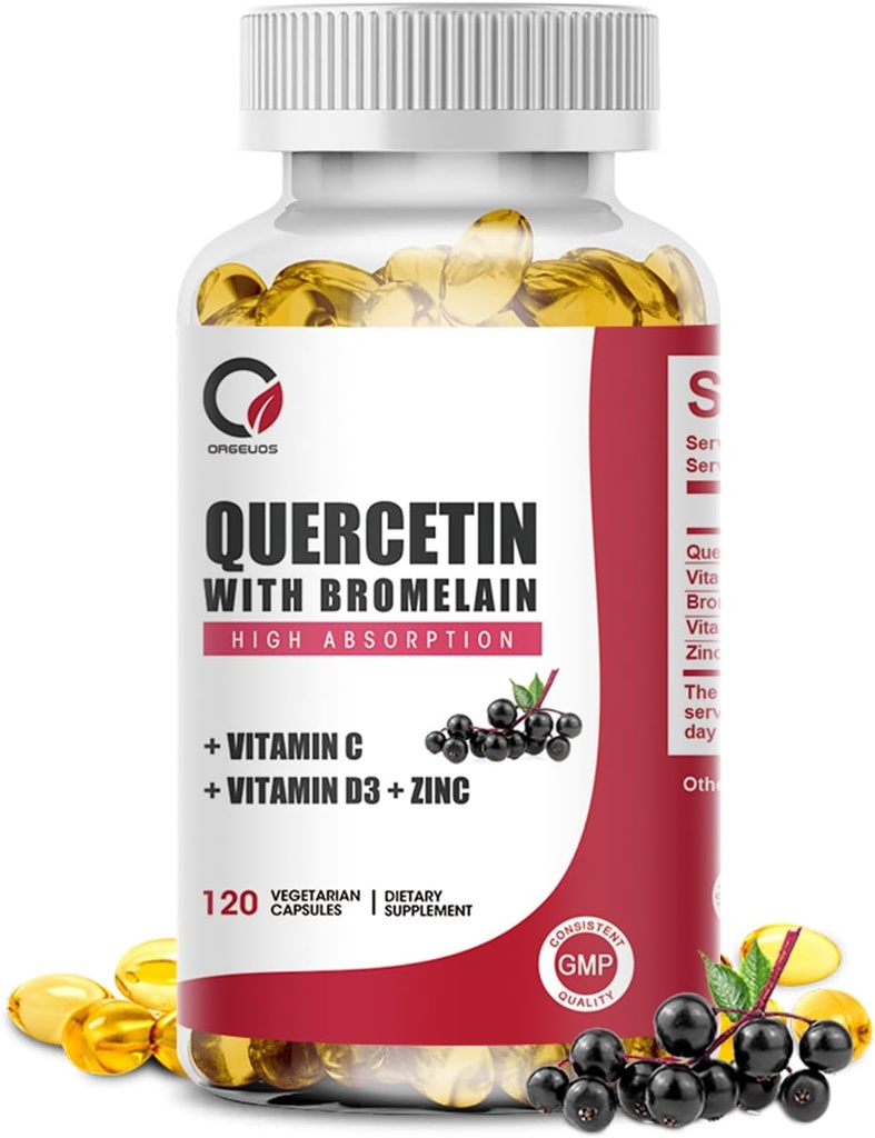Quercetina 1000mg con Bromelaina, Vitamina C & D3, Zinc, Bromelain Quercetina Suplementos para Hombres &amp; Mujeres, No GMO &amp; Gluten Gratis, 120 cápsulas