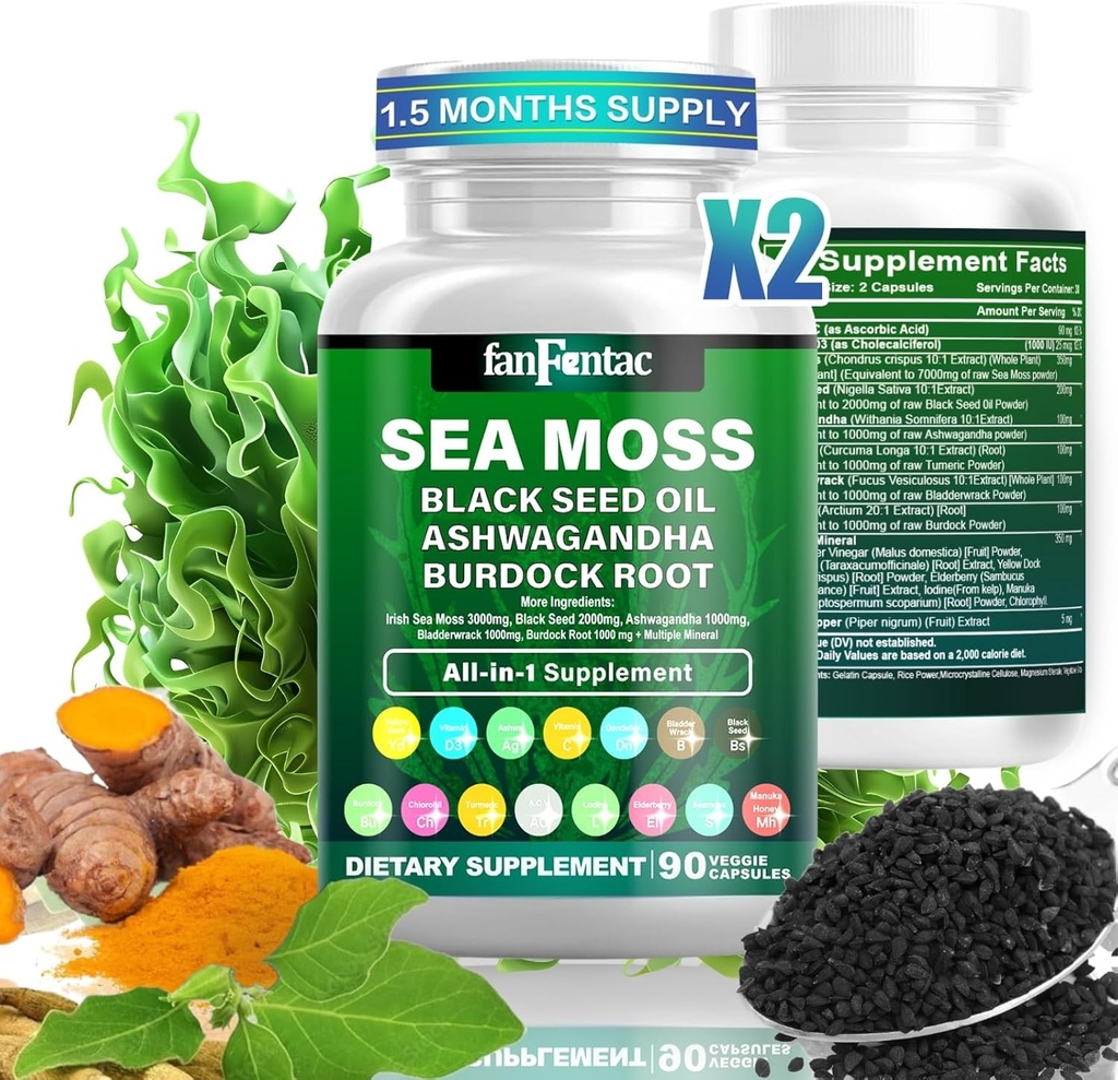 Moss de mar 7000mg - Aceite de semilla negra 2000mg - Ashwagandha 1000mg - Bladderwrack 1000mg - Turmeric 1000mg - Burdock 1000mg - Vitamina C 90mg - Vitamina D3 1000IU - Multiple Minerals 350mg - 180 cápsulas